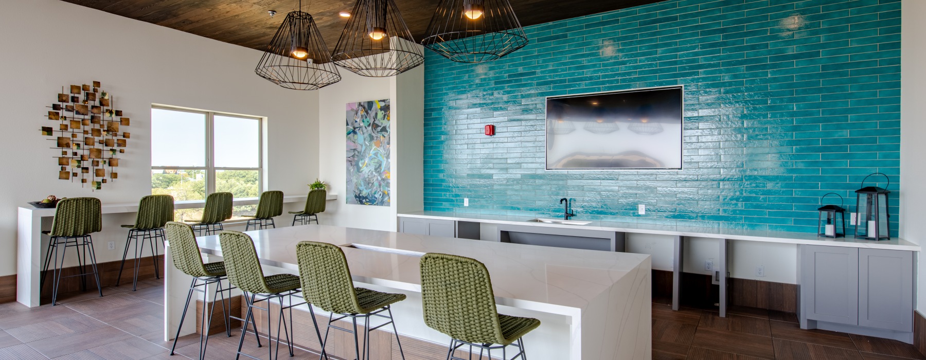 Outside summer kitchen with exquisite blue wall,